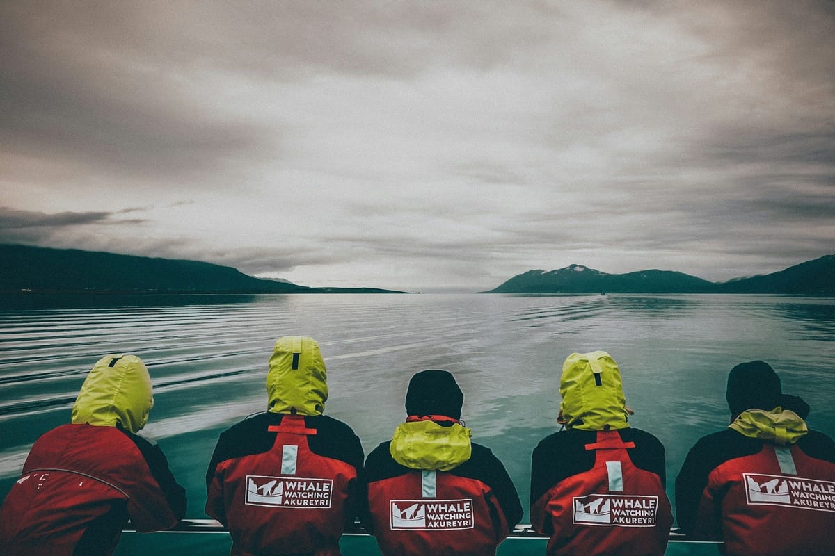 Five whale-watching passengers in red and yellow waterproof gear looking across calm coastal waters toward distant mountains.