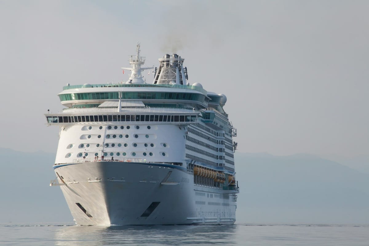 Large cruise ship travelling through calm coastal waters beneath a hazy sky.