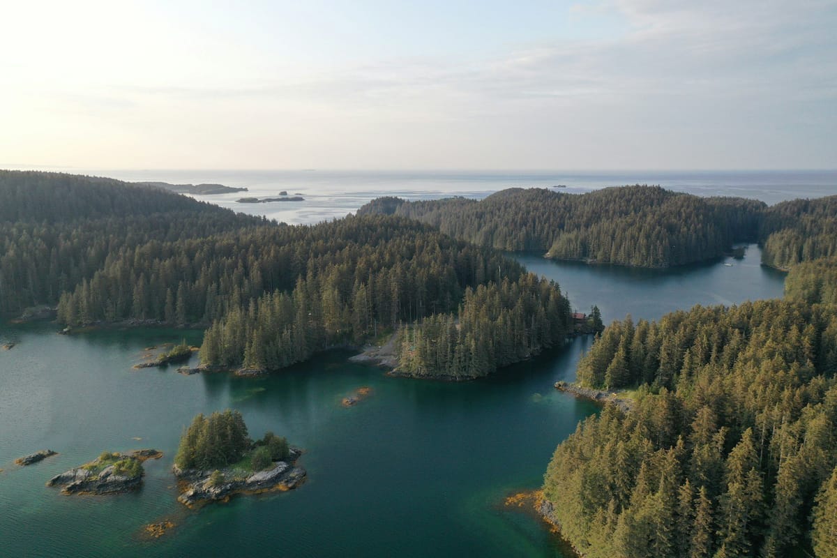 Aerial view of forested coastal islands and sheltered inlets opening onto the ocean.