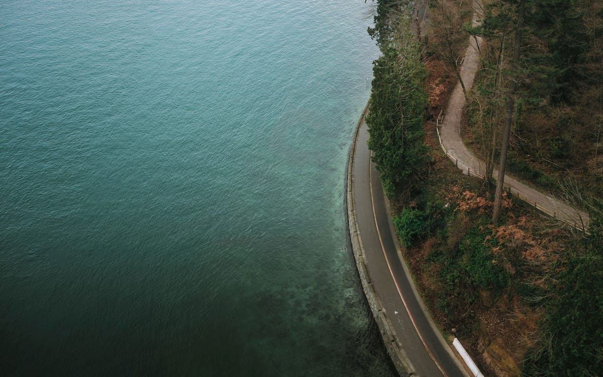 Aerial view of a winding coastal road between turquoise water and a densely wooded shoreline.