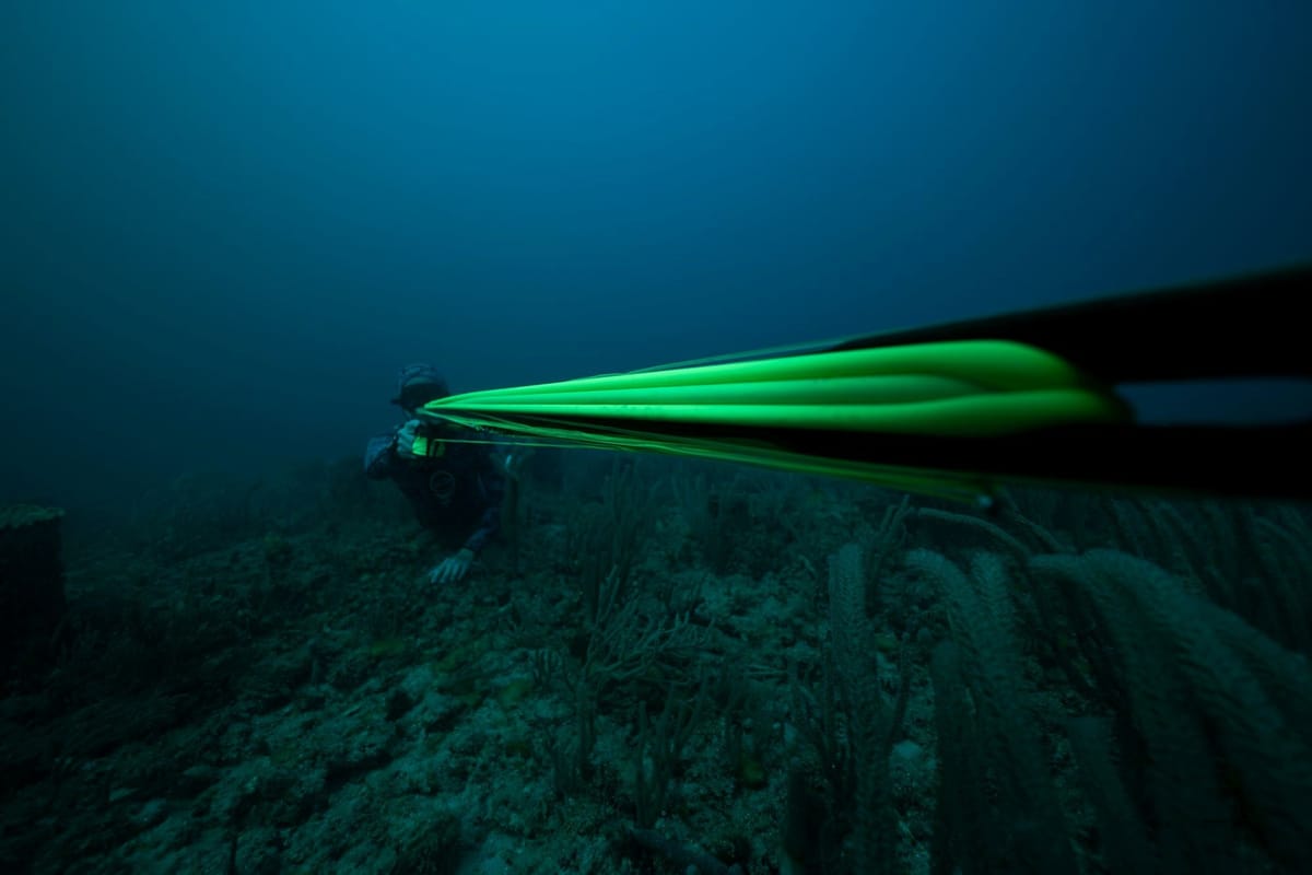 Scuba diver swimming above a coral reef, with bright green fins extending toward the camera.