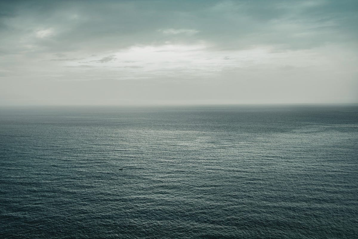 Grey open ocean stretching to the horizon beneath an overcast sky.