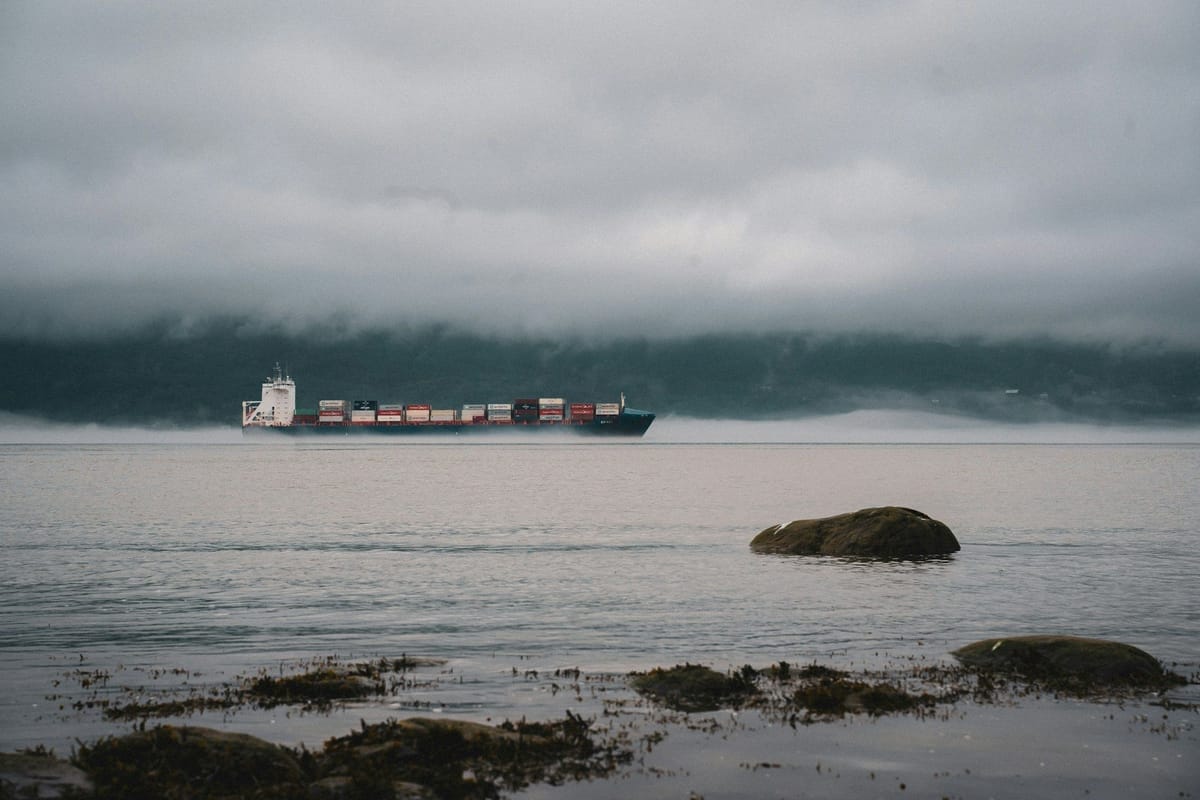 Container ship travelling through misty coastal waters, viewed from a rocky shoreline.