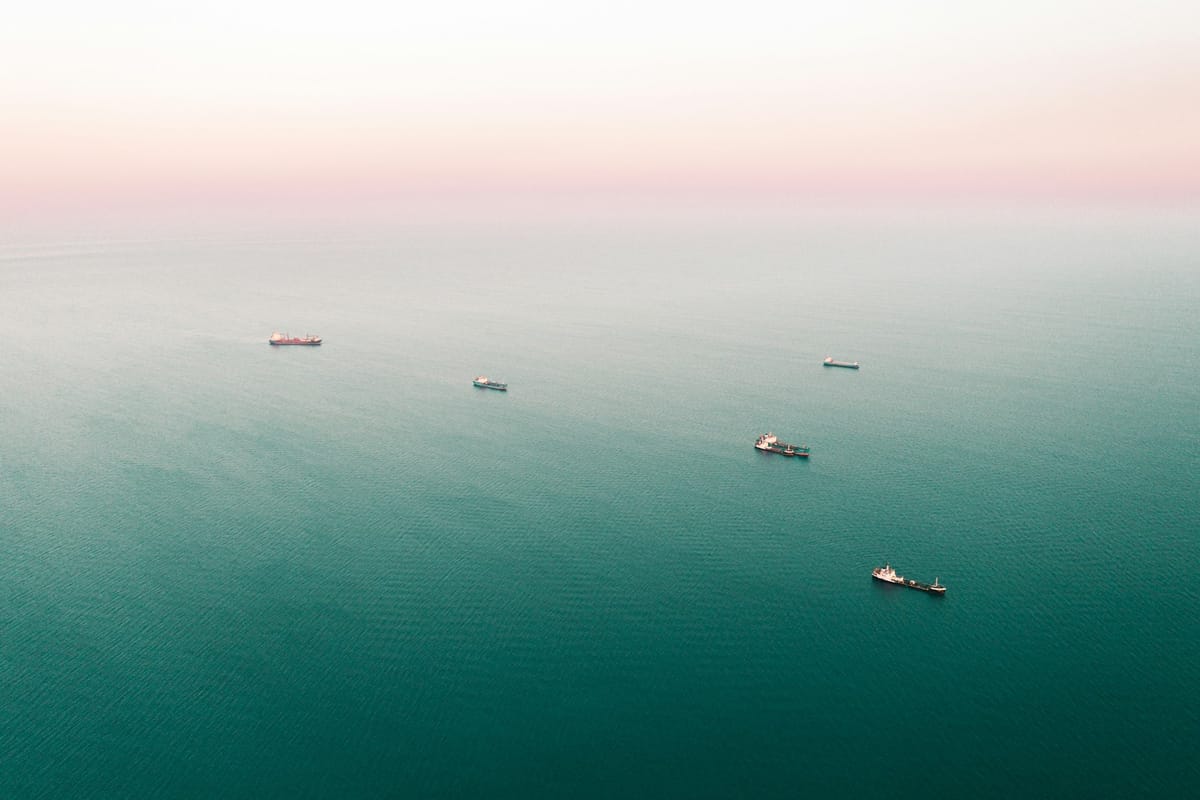Aerial view of several cargo ships spread across calm open water beneath a hazy sky.