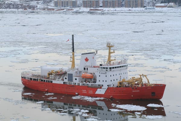 Canadian Coast Guard icebreaker CCGS Amundsen navigating through broken sea ice near a snow-covered shoreline.