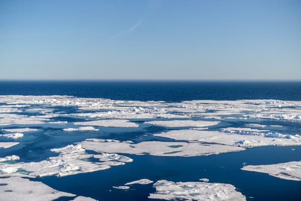 Broken sea ice floating across deep blue Arctic waters beneath a clear sky.
