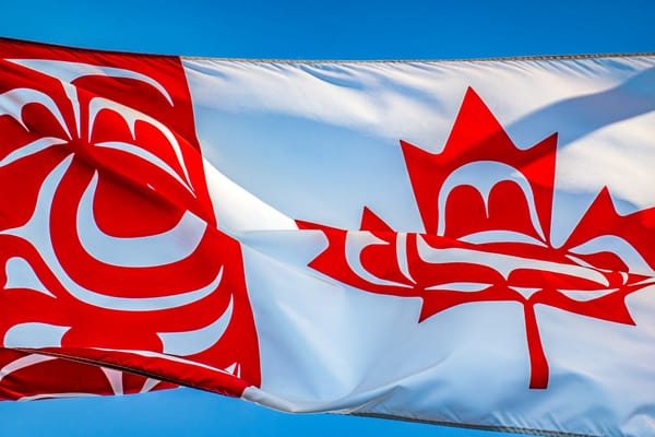 Canadian flag featuring Indigenous-inspired red artwork on a white background, flying against a clear blue sky.