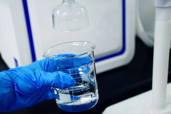 Blue-gloved hand holding a glass beaker of clear liquid beneath laboratory equipment.