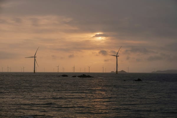 Offshore wind turbines stretching across the ocean beneath a warm, clouded sunset sky.