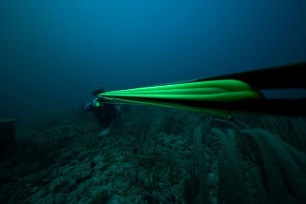Scuba diver swimming above a coral reef, with bright green fins extending toward the camera.