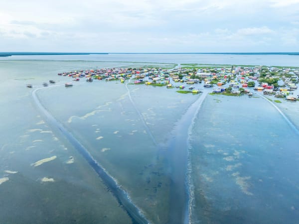 Aerial view of a low-lying coastal community with colourful homes surrounded by shallow water and wetlands.