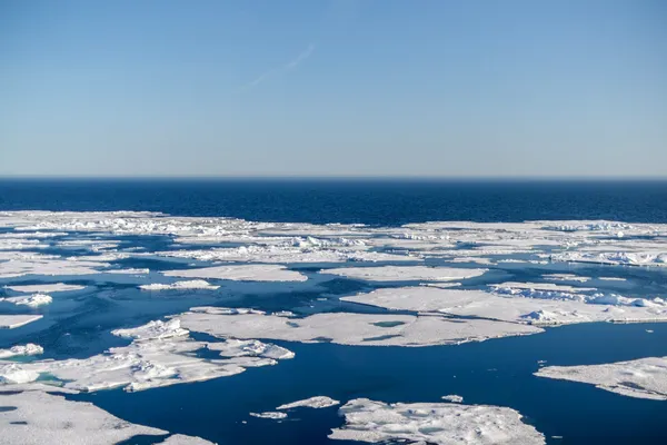Broken sea ice floating across deep blue Arctic waters beneath a clear sky.