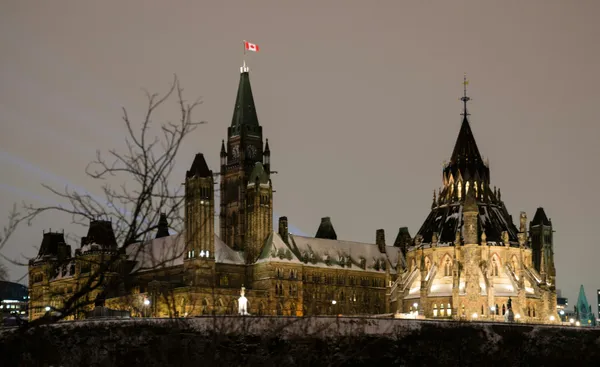 Canada’s Parliament Buildings illuminated at night in Ottawa, with the Canadian flag flying above the Peace Tower.