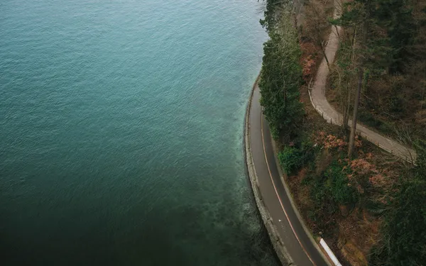 Aerial view of a winding coastal road between turquoise water and a densely wooded shoreline.