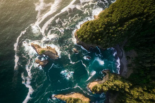 Aerial view of waves breaking around rocky outcrops along a densely forested coastline.